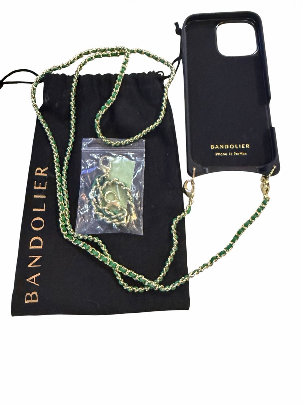 Bandolier IPhone 17 MagSafe ProMax Case Green/Gold Braided Strap/Wrist Strap